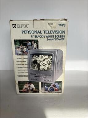 Vintage GPX TVP2 Portable Television 5” Black & White TV AM-FM Radio 3 Way Power